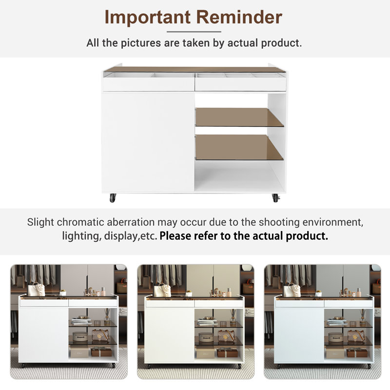  Multi-Functional Storage Island Vanity Console with Glass Display Shelves and Reversible Top, White