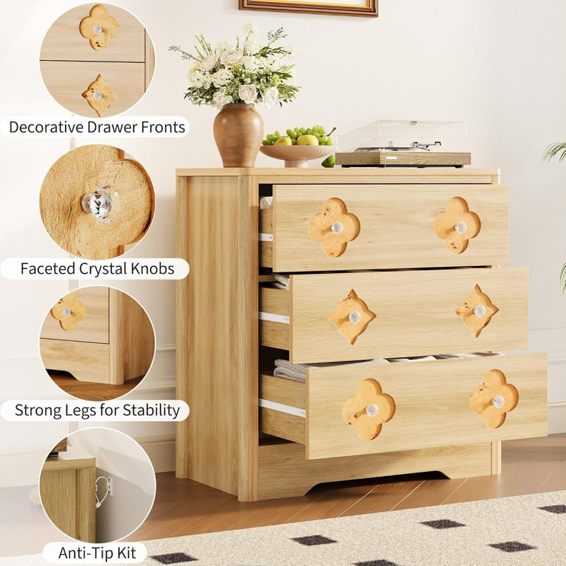 3-Drawer Chest Dresser, Wood Construction, 30.4" H, Bedroom, Living Room, Hallway Storage Cabinet, Beige
