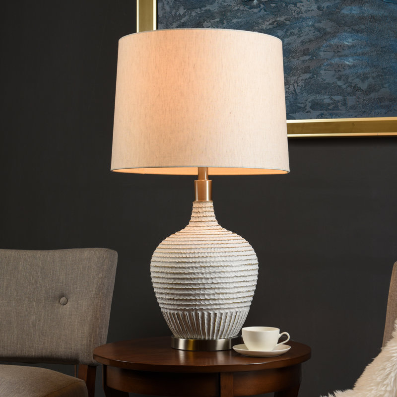 Lampe de table transitionnelle - blanc strié délavé - abat-jour avoine clair