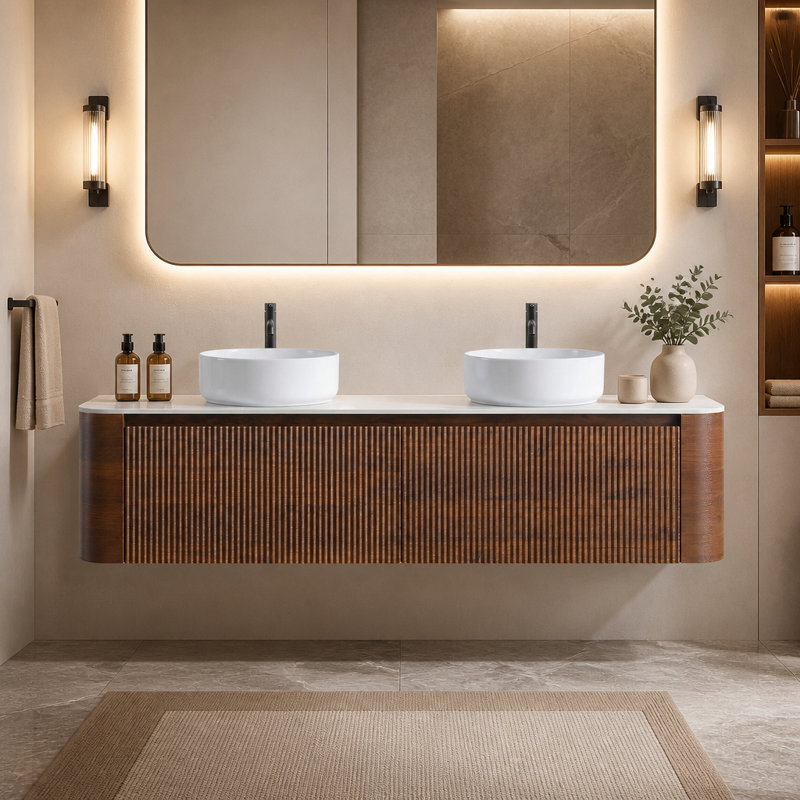 Meuble-lavabo mural double vasque de 152 cm (60 pouces) avec comptoir en pierre frittée, lavabos en céramique blanche et porte-serviettes.