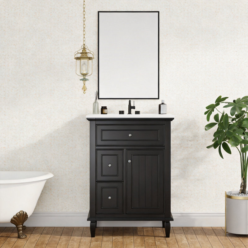 24"Bathroom Vanity with Sink, Solid Wood & MDF Cabinet with Flip Drawer and 2 Drawers, Adjustable Shelf, Modern Small Space Storage Unit