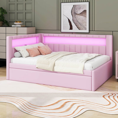 Upholstered Full Size Daybed With Trundle,Wood Corner Daybed With LED And USB Ports
