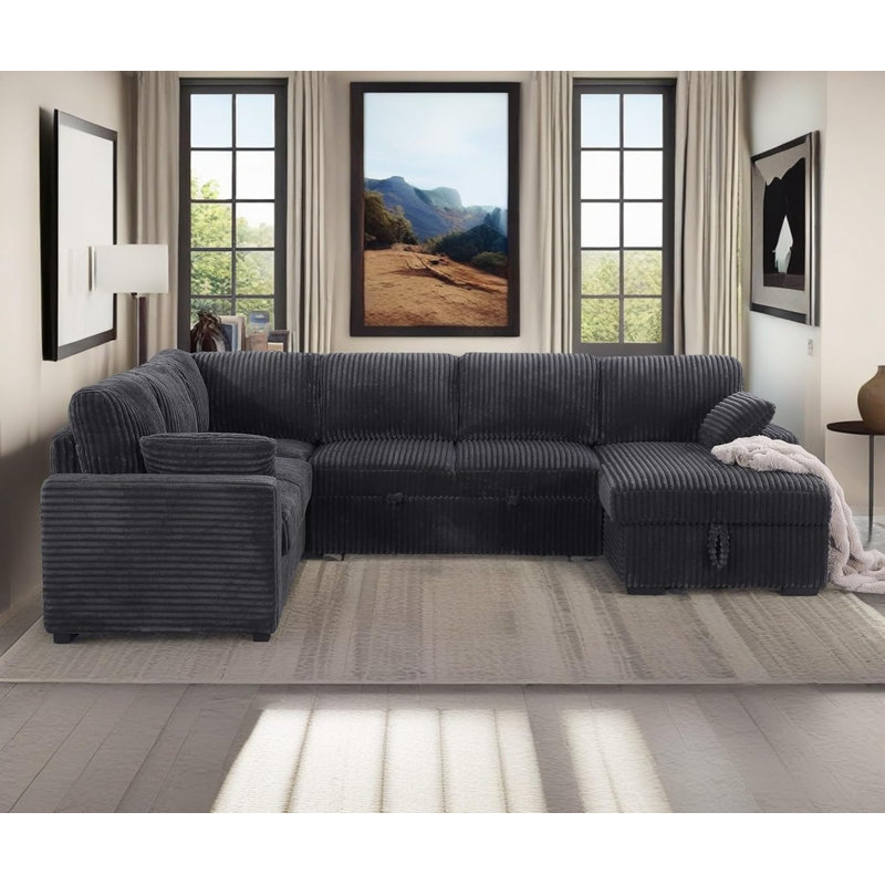Manfried Oversized U-Shaped Sectional Sofa Bed Pull OutSleeper Couch With Storage Chaise For Living Room, Grey Corduroy