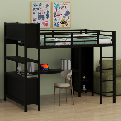 Metal Loft Bed With Wardrobe And L-Shaped Desk, Storage Cubes And Shelves