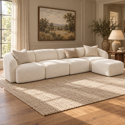 143" Sectional Couches For Living Room, Convertible L-Shape Boneless Couch With Movable Ottoman, 4 Seater Cloud Couch, Deep Comfy Sleeper Sofa Bed Floor Couch, White