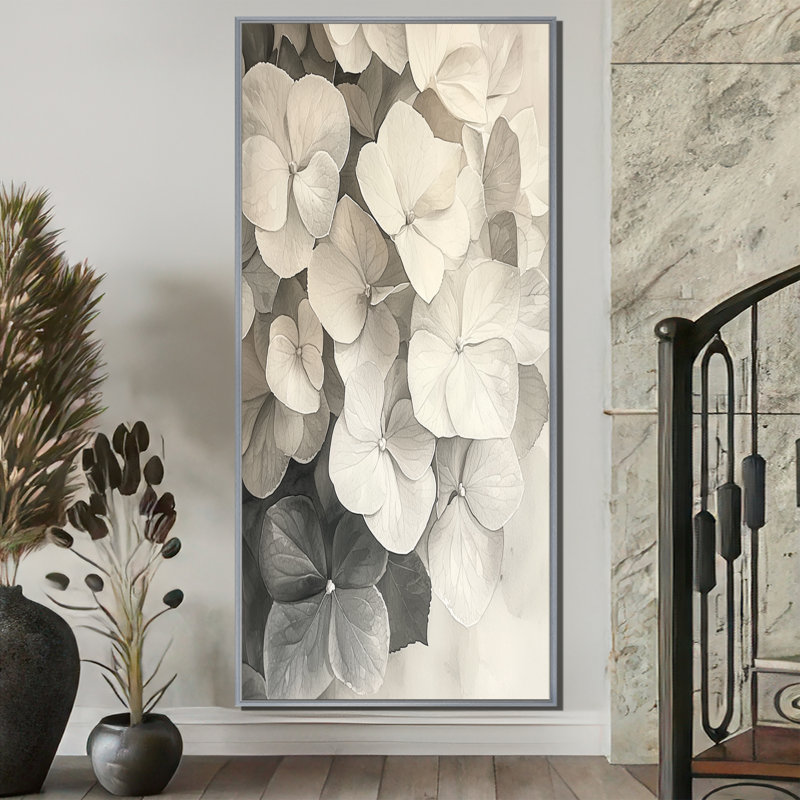 Vintage Hydrangea In Monochrome I - Hydrangea Wall Art, 60" H x 28" W, Silver, Floater Framed Print