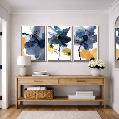 Abstract Botanical "Watercolor Navy Blue & Yellow Floral Artwork, Modern Abstract Expressionist Wall Pictures, Framed Canvas Giclée Print 3 Pieces Wall Art" 16"x24"x3 pcs, 24"x36"x3 pcs