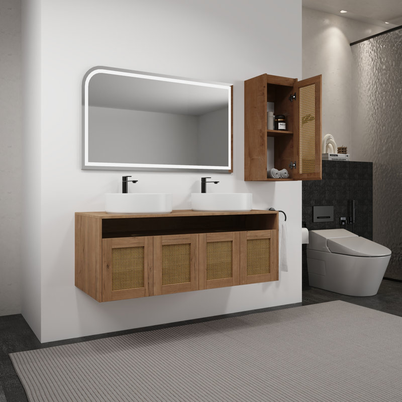 Meuble-lavabo mural 48 po avec lavabo vasque et armoire de rangement latérale assortie, Blanc