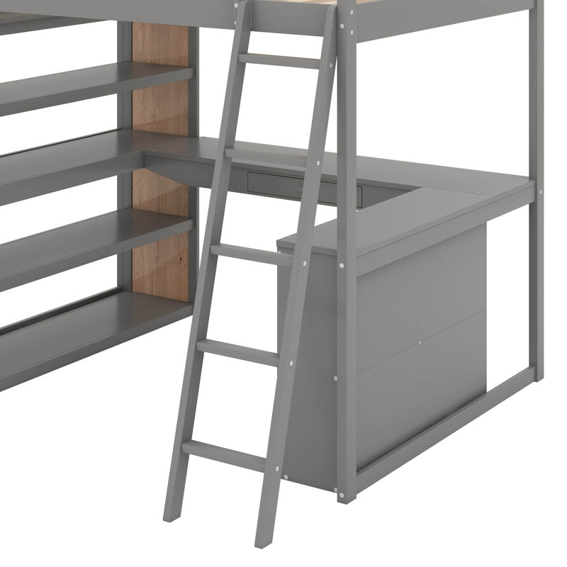 Lit mezzanine double avec tablettes et bureau, Gris