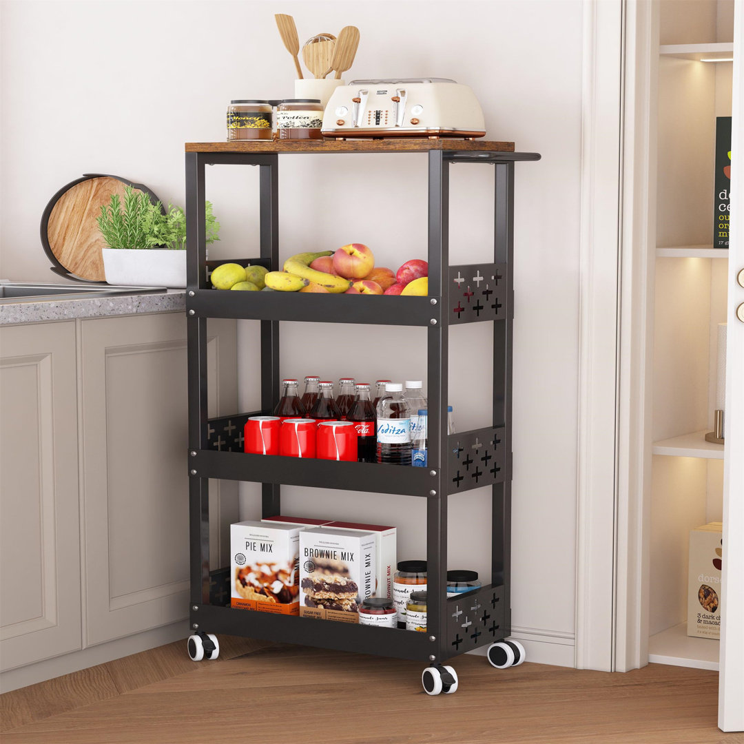 Metal Kitchen Trolley Vegetable Storage Rack Narrow 4 Tier, Slim Cart On Lockable Wheels Spice Organiser Basket Shelving Unit Pantry Wire Shelf