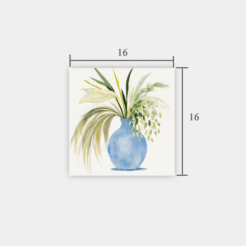 Vase bleu, feuillage vert, sans cadre, murale, 16 x 16