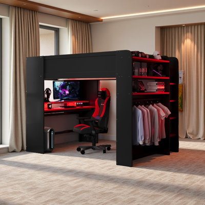 Lit superposé double en bois pleine grandeur avec bureau à hauteur réglable, garde-robe, grand espace de rangement et lumière RVB