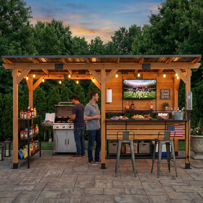 6 X 14 Ft. Cedar Grill Gazebo With USB Charging Socket, Bar Counter, Storage Cabinet, Paper Holder, TV Mount & Beer Opener – Perfect For Backyard Bbqs, Patio Parties & Gatherings