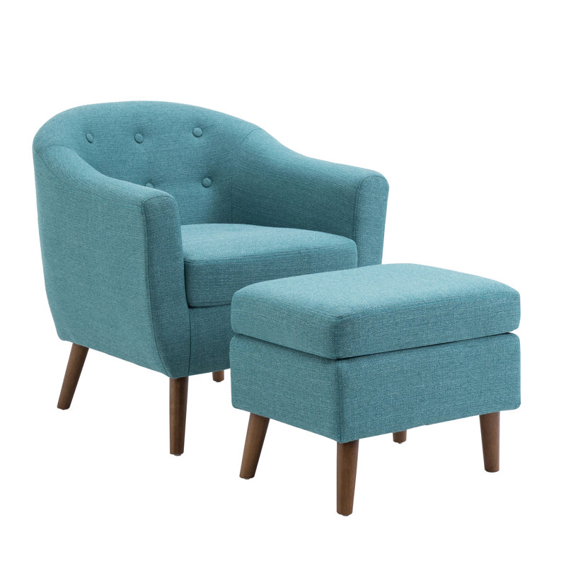 Arlaith Linen Upholstered Accent Chair with Ottoman, Rubberwood Legs, Turquoise Linen