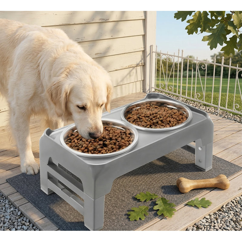 Support pour chien surélevé réglable à 3 hauteurs avec 2 bols en acier inoxydable épais de 6 po, 2,75 po à 7,5 po, gris