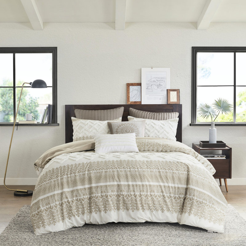 Housse de couette en coton 3 pièces double / grand, capitonnage en chenille, toucher, design, envers taupe, literie lavable pour lit double / grand, élégance, imprimé, machine