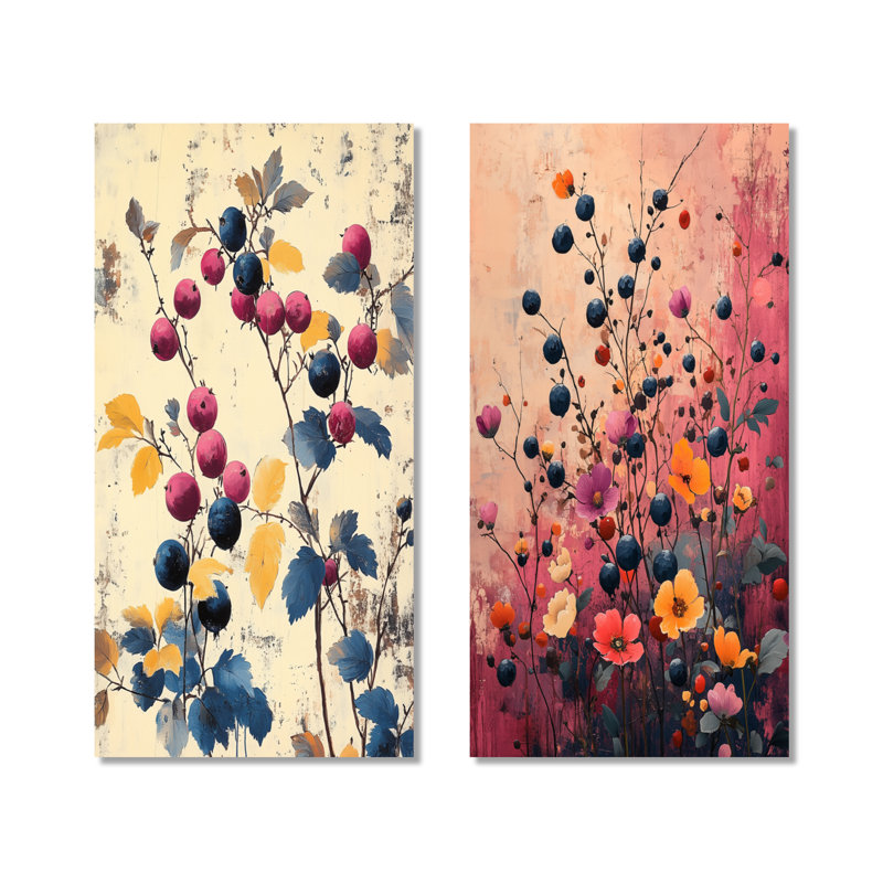 «Pink Delicate Berries», ensemble de 2 impressions murales en métal, 32" H x 32" W