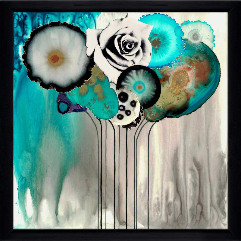Bouquet turquoise par Laura Can Horne - peinture, H 37,5 po x l 37,5 po x P 1 po, Cadre noir