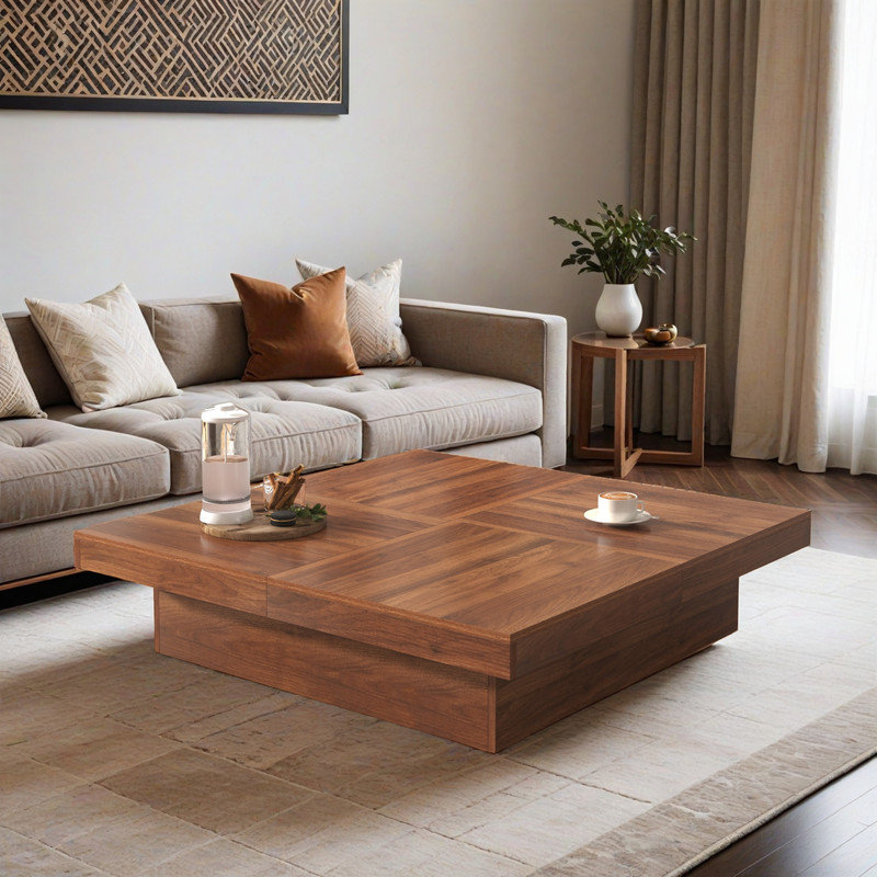 Table basse carrée 39,4 "avec plateau coulissant et rangement - Table de cocktail en placage moderne - Centre de table de salon avec compartiment caché