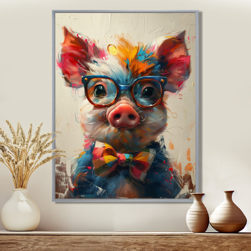 Curieux portrait de cochon rose vert - Décoration murale animal cochon, Toile argentée avec cadre flottant