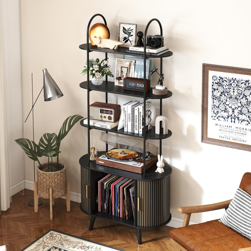 4-tier Bookcase, Freestanding Bookshelf With Storage Cabinet And Sliding Door, Black, (4 Shelves) 68.9"H x 31.5"W x 15.75"D