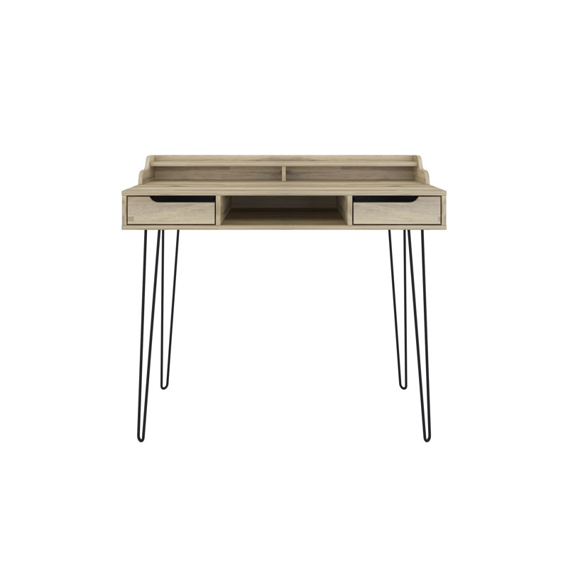 Morgan 45" Hairpin Desk, Oak - Multi-Tiered with Open Shelving & Two Storage Drawers
