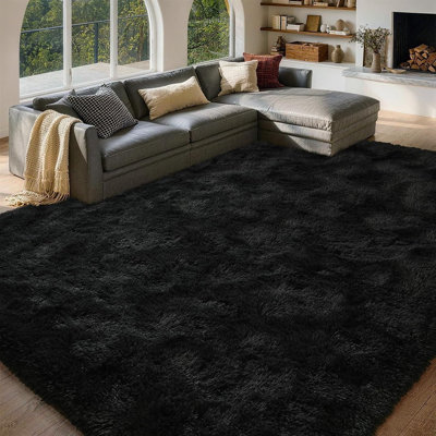 Tapis noir moelleux, doux et épais, avec envers antidérapant, idéal pour le salon, la chambre à coucher, la chambre d'enfant et la décoration intérieure.