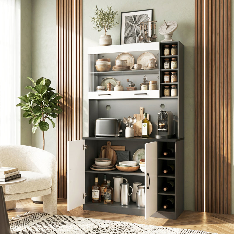 100cm W Large Freestanding Kitchen Cabinet & Microwave Stand with App-Controlled RGB LED, Multi-Tier Double Door Pantry Cupboard, Modern Wood