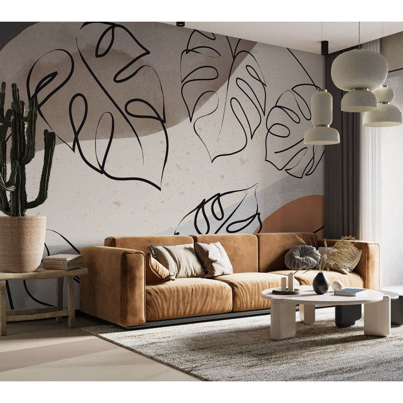 Murale botanique pelez et collez - feuilles de Monstera minimalistes, L 68 po x l 96 po