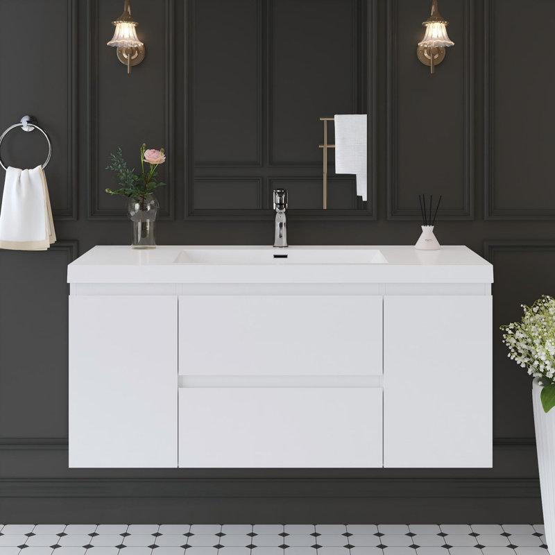 48" Floating Bathroom Vanity Modern Wall-Mounted Single Vanity with Integrated Resin Top, 2 Cabinets, 2 Soft Close Drawers, Full Assembly