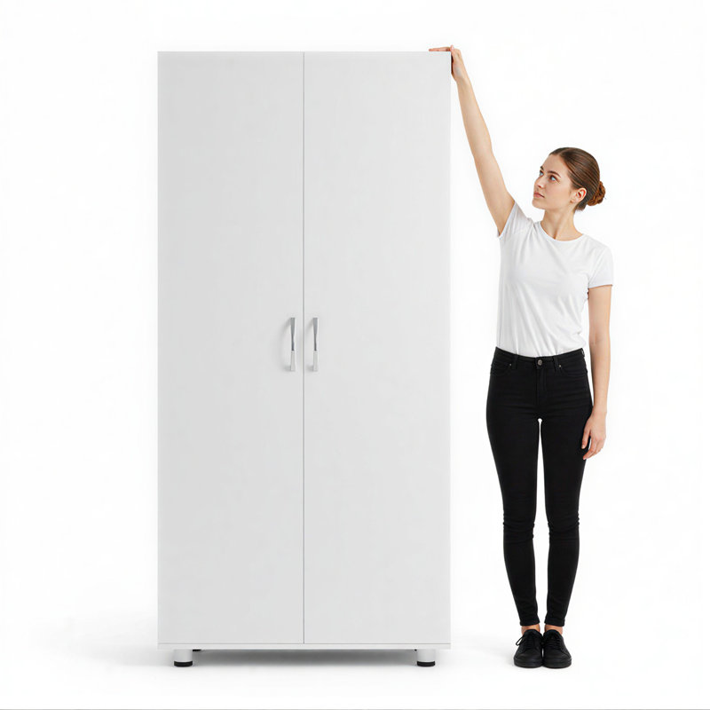 75" Extra Tall  Wood Storage Cabinet with 2 Plain Doors, SGS-Certified Anti-Tip and Adjustable Shelves, White