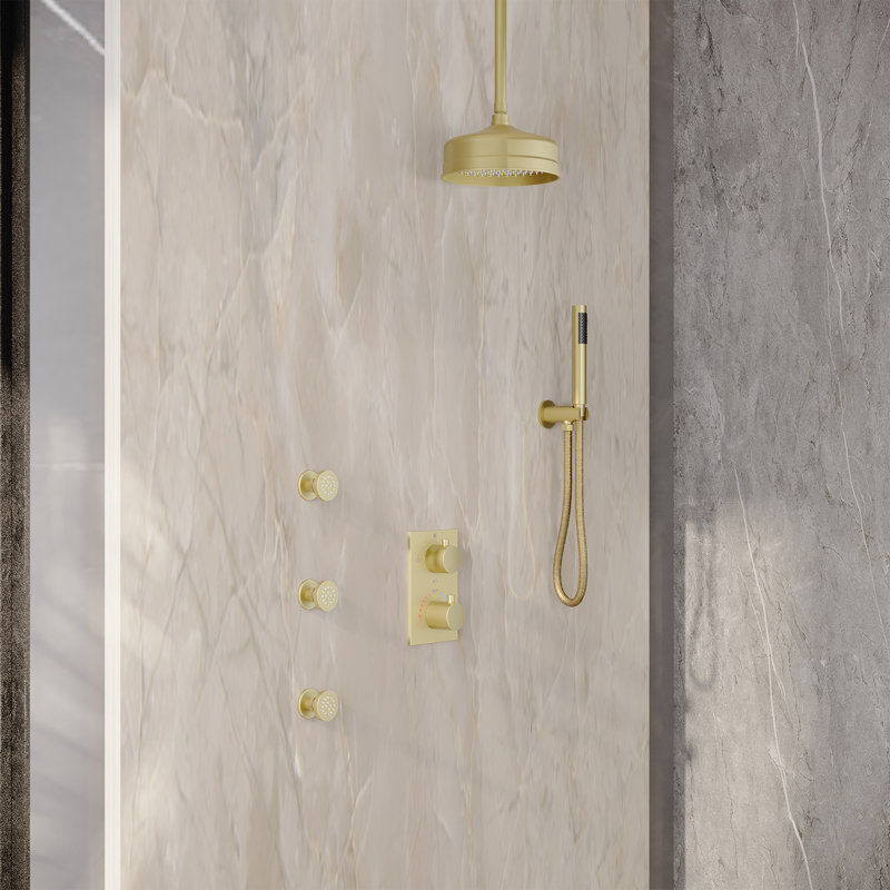 Système de douche thermostatique complet avec 3 jets de corps et jet manuel, Or brossé