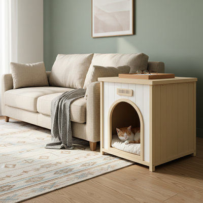 Modern Indoor Solid Pet House With Cozy Cushion, Dual-Purpose As Side Table, American Casual Style, Yellow For Small Dogs, 21 Table Design, Yellow, Design