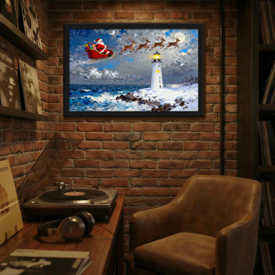 Christmas Santa Flying Over Lighthouse At Night