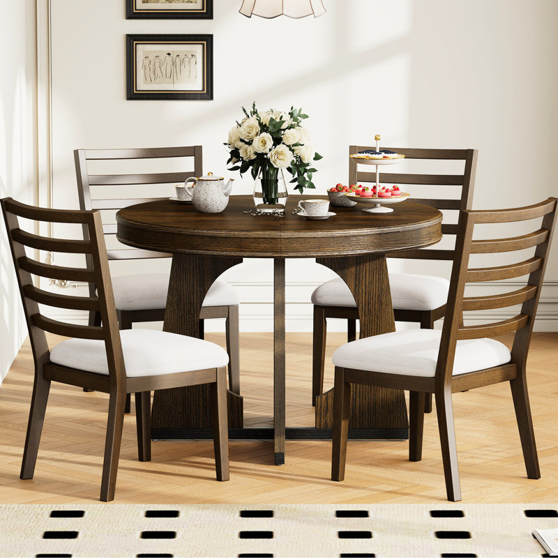 Table de salle à manger extensible en noyer avec chaises rembourrées confortables, thème rétro rustique et chaise en merveilleux