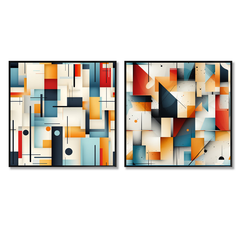 Urban Mosaic III - ensemble de 2 collages carrés à formes abstraites, Cadre flottant noir, H 36 po x l 73 po