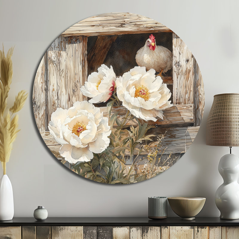 Pivoines par le poulailler II - pivoines rondes, art mural en métal pour le salon, H 16 po x l 16 po