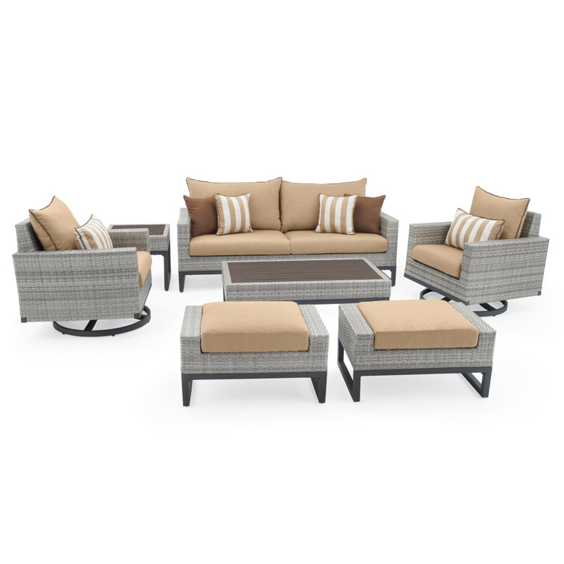 Milo Motion 7 Piece Rattan Sunbrella Sofa Set with Cushions, Brown, Canvas Heather Beige Sunbrella® Canvas