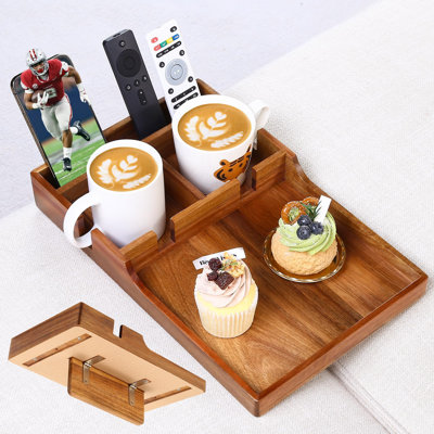 Plateau d'insertion de canapé pour siège central, table de canapé en bois d'acacia avec 2 porte-gobelets, convient aux canapés sans accoudoirs et aux canapés modulaires, plateau pliable pour boissons, collations et télécommandes