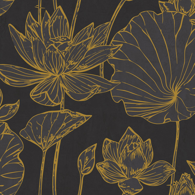 Rouleau de papier peint floral de L 27 pi x l 27 po Artie Lotus, Noir / or métallique