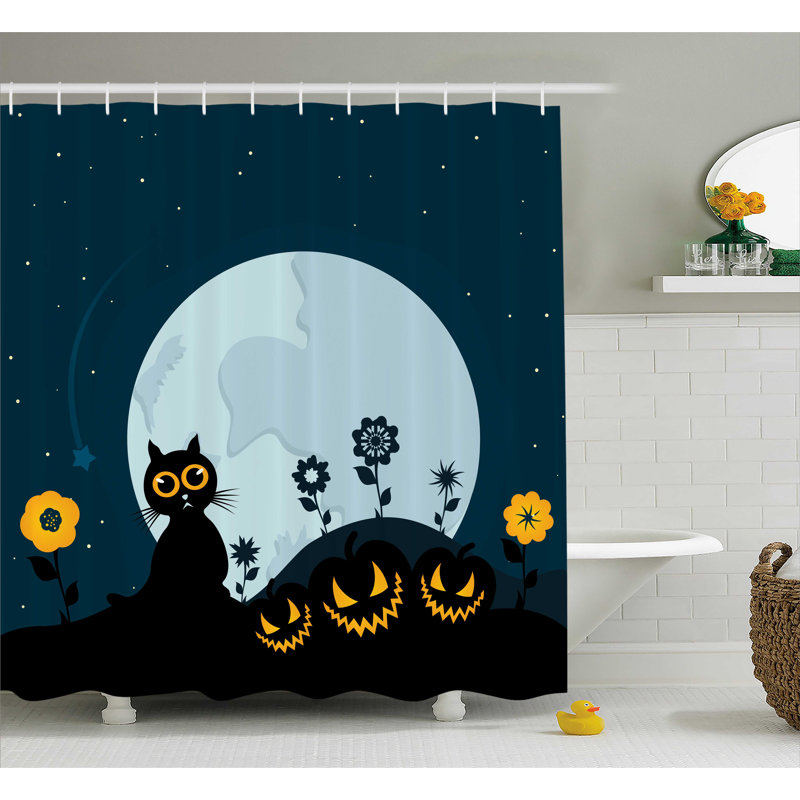 Cat Kitty Under Moon Halloween Shower Curtain + Hooks, 75" H x 69" W