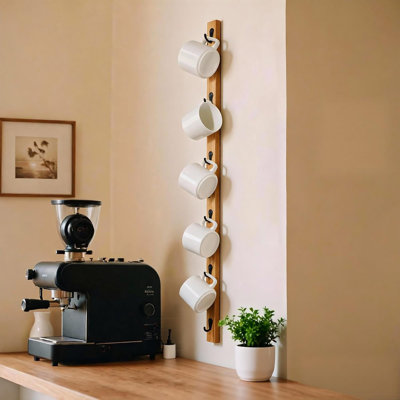 Wall-Mounted Coffee Mug Rack - 6-Hook Solid Wood Cup Holder For Kitchen Cabinet, Space-Saving Tea Bar Organizer With Rustic Decor (Vertical Rectangle Design)
