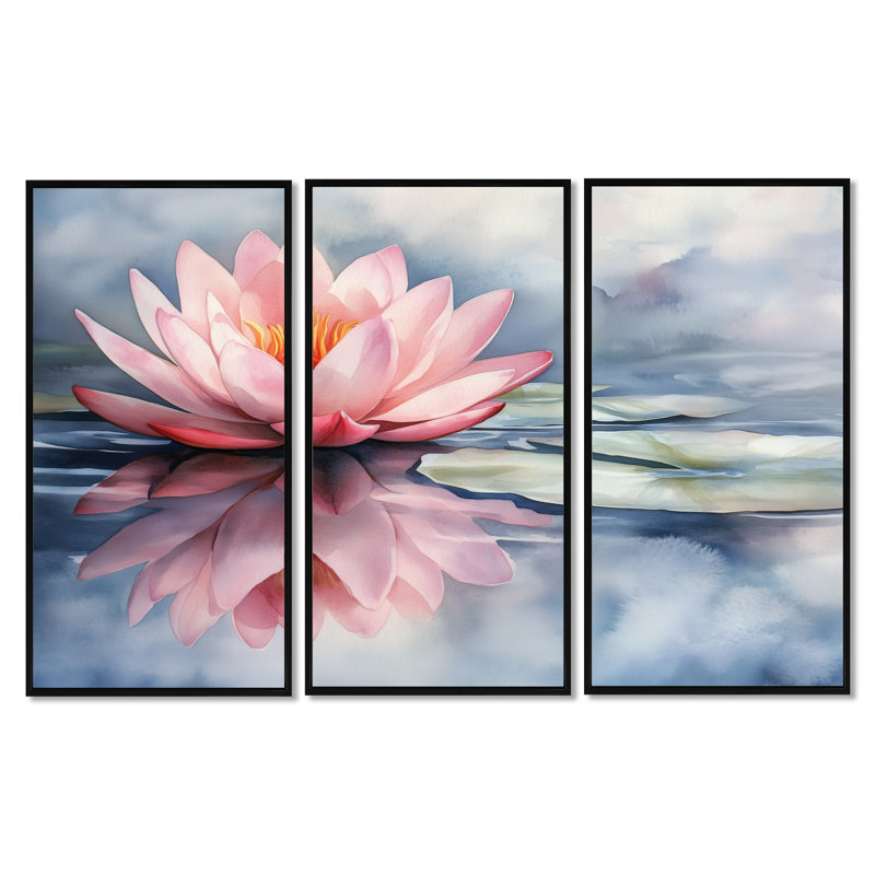 Doux lotus rose doux I - décoration murale encadrée florale 3 pièces, H 40 po x l 60 po, Cadre flottant noir