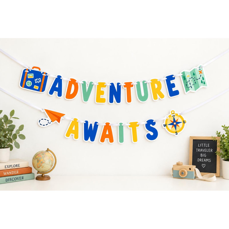 Adventure Awaits Baby Shower Banner, Travel Theme Garland, Paper Airplane Map Decor