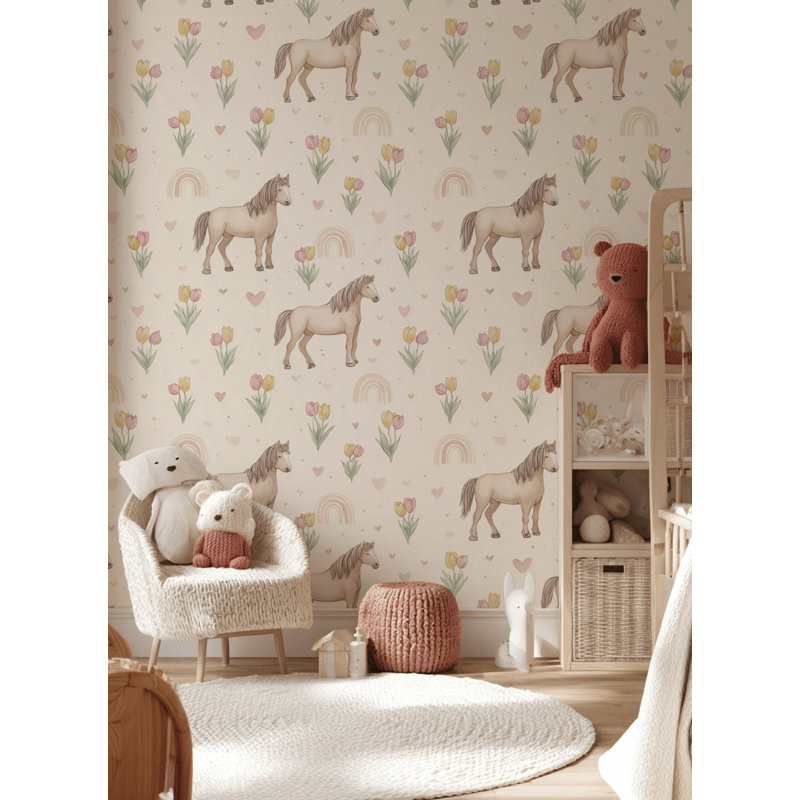 Papier peint chevaux, tulipes et cœurs, Non tissé, non collé