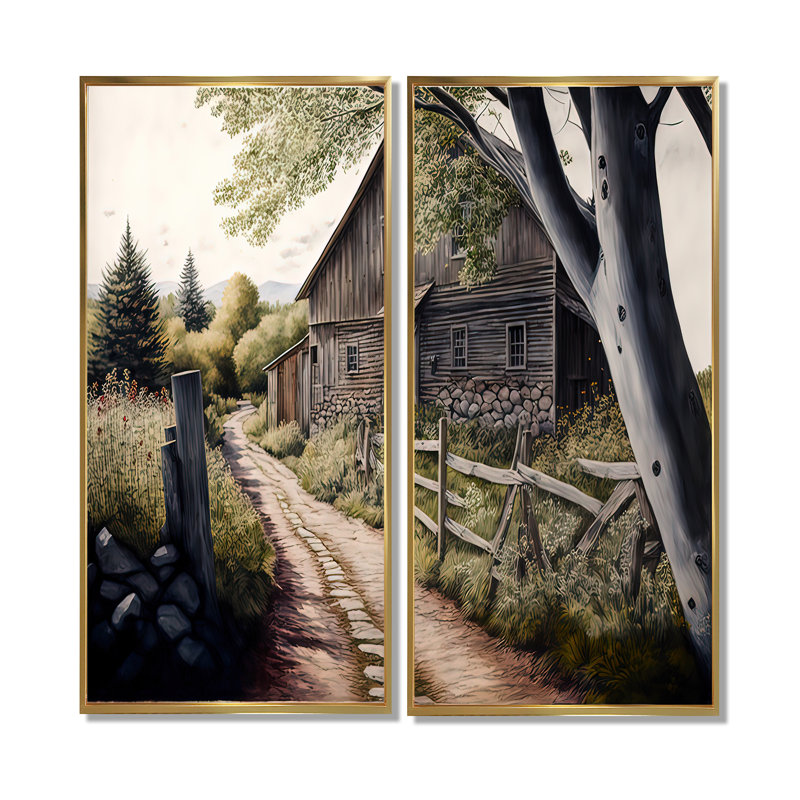 Yellow Barn In Spring III - Yellow Wall Decor 2 Pieces, 32" H x 32" W, Framed Print without Mat, Gold