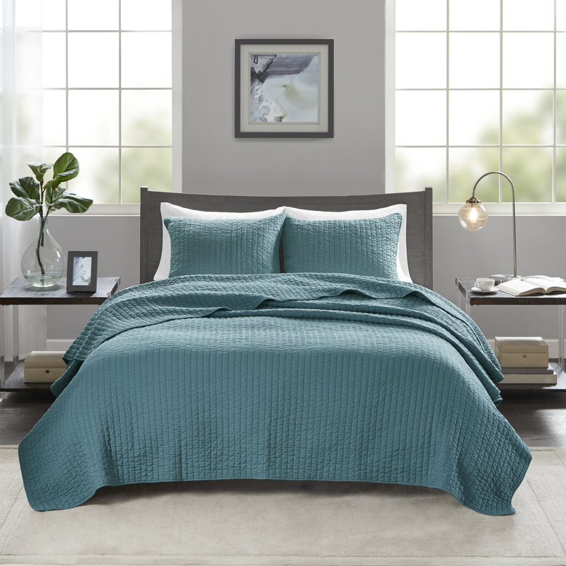 Keaton Barwick Reversible Solid 3 Piece Quilt Set, King/Cal. King Coverlet + 2 King Shams, Teal