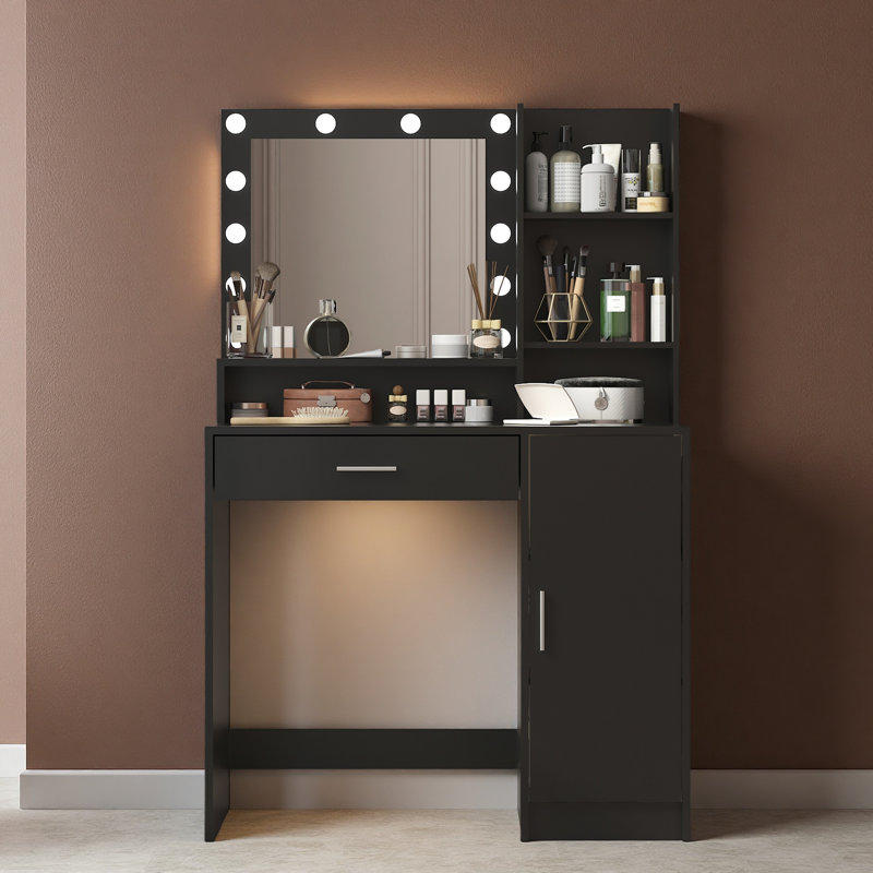 Bureau de coiffeuse avec miroir et lumière, commode de rangement à trois niveaux avec grand tiroir, 3 modes d'éclairage à luminosité réglable, coiffeuse de chambre à coucher