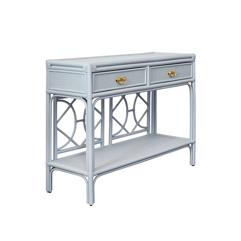 Two Drawer Console with Decorative Back Rattan, Blue