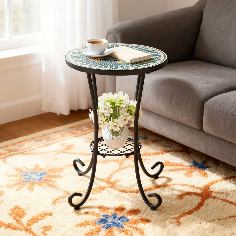 22" H Masaic Tile Outdoor Side Table, Bistro Table, Planter Stand, Weather-Resistant Iron Drink Table, Retro Green Floral